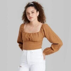Wild Fable Rust Brown Cropped Ruched Smocked puff Sleeve Top Blouse Womens Small